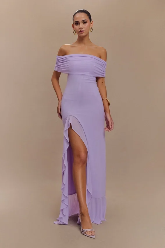 Audrey Off Shoulder Mesh Maxi Dress – Lilac Audrey Off Shoulder Mesh Maxi Dress – Lilac