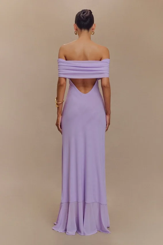 Audrey Off Shoulder Mesh Maxi Dress – Lilac Audrey Off Shoulder Mesh Maxi Dress – Lilac