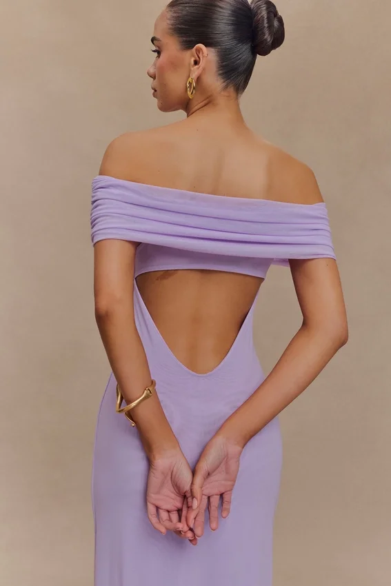 Audrey Off Shoulder Mesh Maxi Dress – Lilac Audrey Off Shoulder Mesh Maxi Dress – Lilac