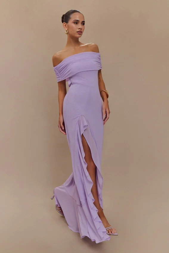 Audrey Off Shoulder Mesh Maxi Dress – Lilac Audrey Off Shoulder Mesh Maxi Dress – Lilac