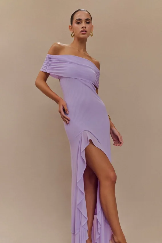 Audrey Off Shoulder Mesh Maxi Dress – Lilac Audrey Off Shoulder Mesh Maxi Dress – Lilac