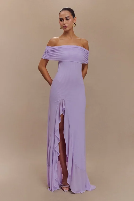 Audrey Off Shoulder Mesh Maxi Dress – Lilac Audrey Off Shoulder Mesh Maxi Dress – Lilac