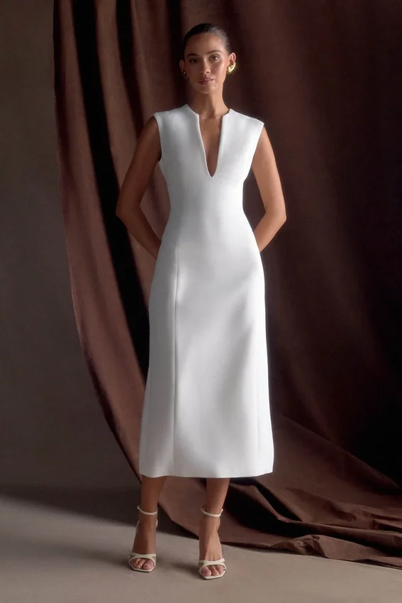 Audrine Suiting Sleeveless Midi Dress – Ivory Audrine Suiting Sleeveless Midi Dress – Ivory