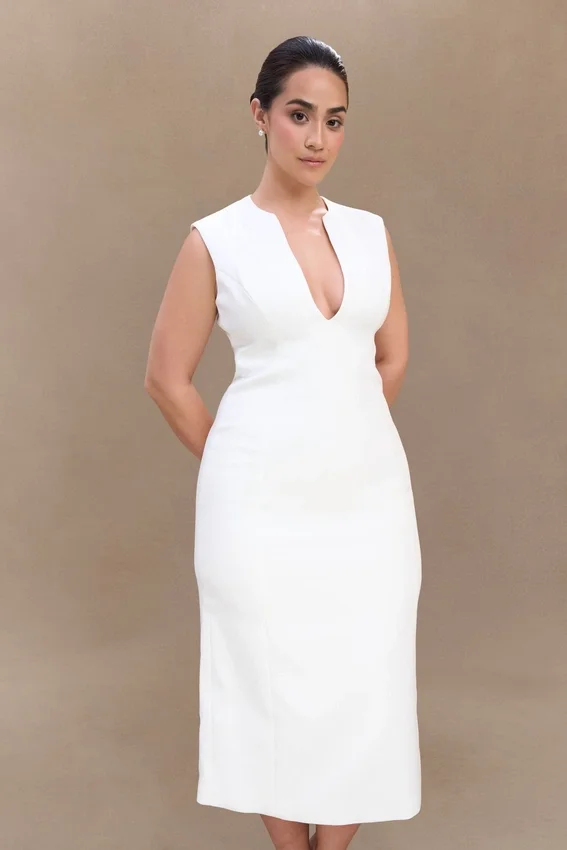 Audrine Suiting Sleeveless Midi Dress – Ivory Audrine Suiting Sleeveless Midi Dress – Ivory