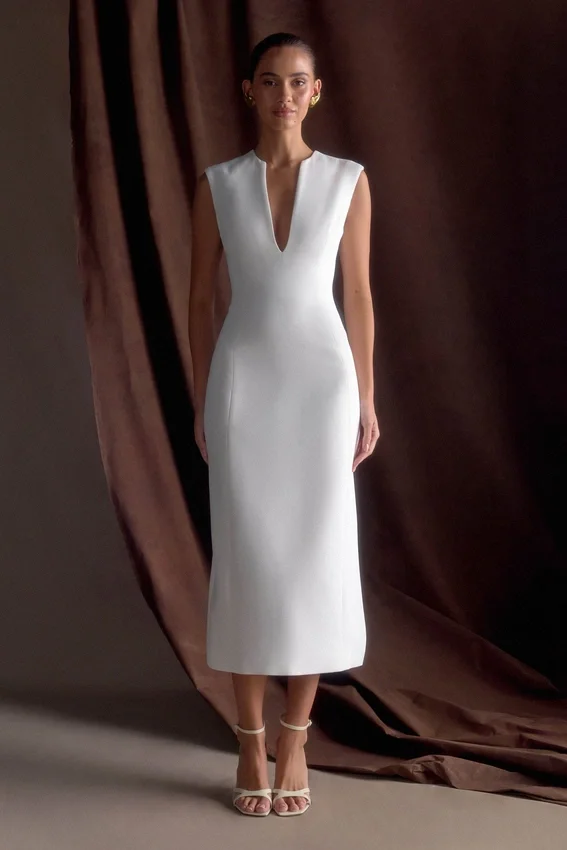 Audrine Suiting Sleeveless Midi Dress – Ivory Audrine Suiting Sleeveless Midi Dress – Ivory
