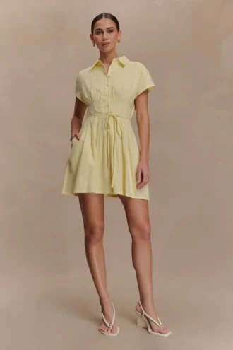 Aysha Buttoned Linen Mini Dress – Lemon