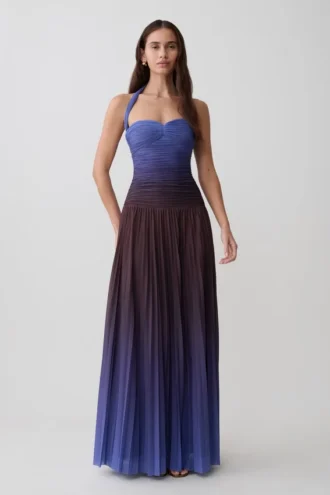 Azizi Pleated Halter Midi Dress – Chocolate & Blue Ombre Print