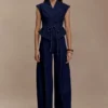 Charley Structured Tie Denim Top – Indigo Blue