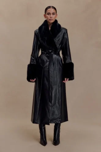 Bec Faux Leather Trench Coat With Faux Fur – Black