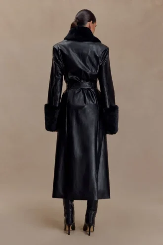 Bec Faux Leather Trench Coat With Faux Fur – Black
