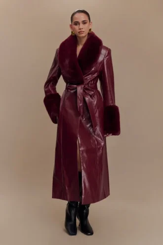 Bec Faux Leather Trench Coat With Faux Fur – Cherry Red
