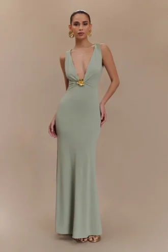 Beck Plunge Maxi Dress With Floral Hardware – Basil