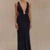 Beck Plunge Maxi Dress With Floral Hardware – Black Beck Plunge Maxi Dress With Floral Hardware – Black