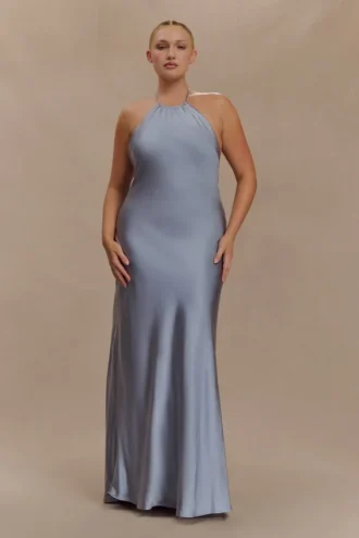 Bella Satin Halter Maxi Dress – Frosted Blue