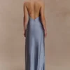 Bella Satin Halter Maxi Dress – Frosted Blue Bella Satin Halter Maxi Dress – Frosted Blue