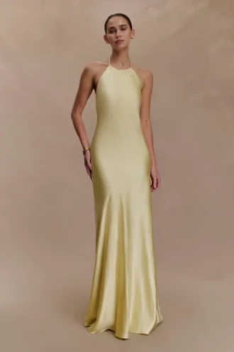 Bella Satin Halter Maxi Dress – Lemon Bella Satin Halter Maxi Dress – Lemon