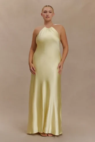 Bella Satin Halter Maxi Dress – Lemon Bella Satin Halter Maxi Dress – Lemon