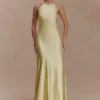 Bella Satin Halter Maxi Dress – Lemon Bella Satin Halter Maxi Dress – Lemon