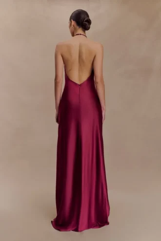 Bella Satin Halter Maxi Dress – Mahogany Bella Satin Halter Maxi Dress – Mahogany