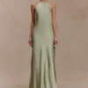 Bella Satin Halter Maxi Dress – Sage Bella Satin Halter Maxi Dress – Sage