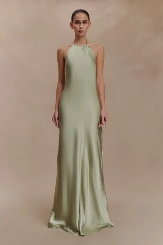 Bella Satin Halter Maxi Dress – Sage Bella Satin Halter Maxi Dress – Sage