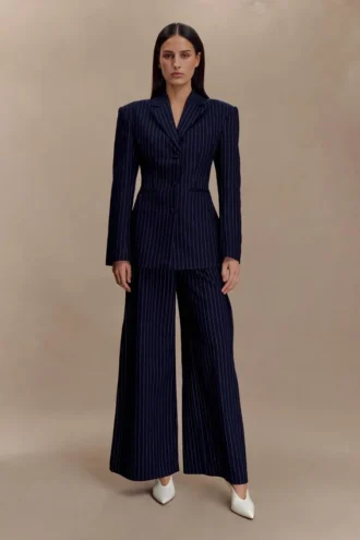 Jacqueline Pleated Wide Leg Pants – Navy Pinstripe