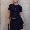 Bethany Short Sleeve Buttoned Denim Top – Washed Indigo Blue Bethany Short Sleeve Buttoned Denim Top – Washed Indigo Blue