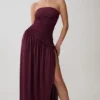 Bex Strapless Slinky Maxi Dress With Split – Burgundy