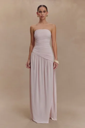 Bex Strapless Slinky Maxi Dress With Split – Pale Pink