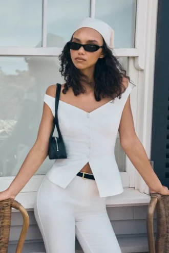 Billie Off Shoulder Sleeveless Button Top – White