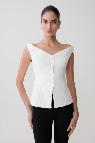 Billie Off Shoulder Sleeveless Button Top – White