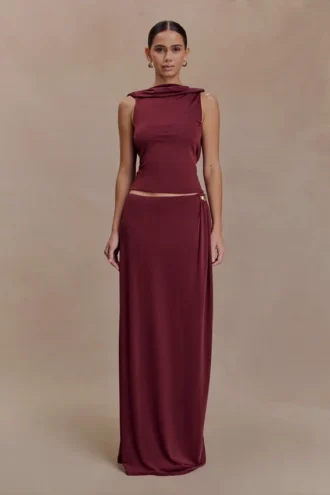 Bridget Slinky Maxi Skirt With Hardware – Burgundy