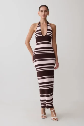 Brienne Stripe Midi Dress – Pink/Chocolate