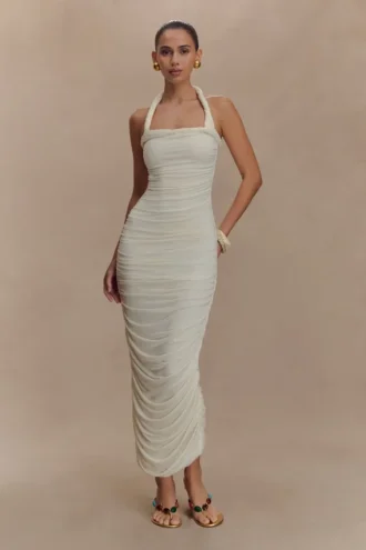 Camila Ruched Halter Midi Dress – Ivory