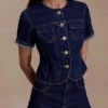 Marge Fitted Denim Short Sleeve Top – Indigo Blue