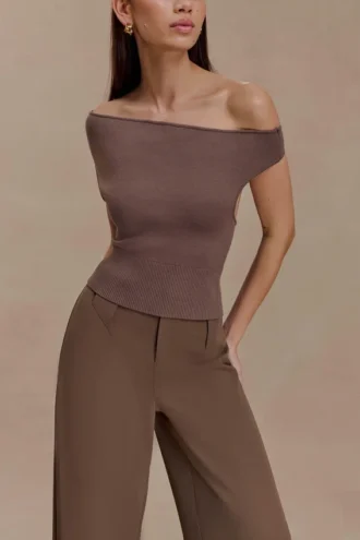 Carley Off Shoulder Knit Top – Cacao Brown