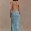 Carmen Crochet Sequin Maxi Open Back Dress – Blue Carmen Crochet Sequin Maxi Open Back Dress – Blue