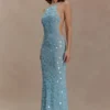 Carmen Crochet Sequin Maxi Open Back Dress – Blue Carmen Crochet Sequin Maxi Open Back Dress – Blue
