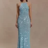 Carmen Crochet Sequin Maxi Open Back Dress – Blue Carmen Crochet Sequin Maxi Open Back Dress – Blue