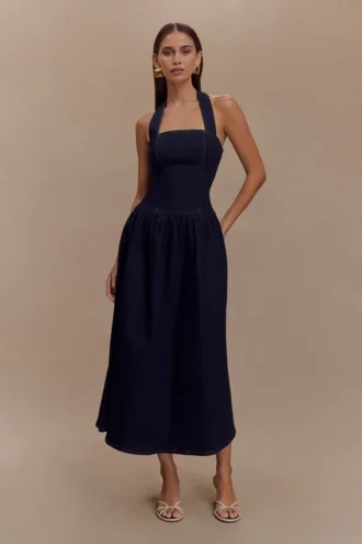 Caroline Denim Halter Midi Dress – Indigo Blue