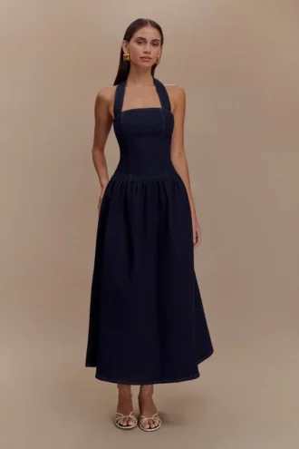 Caroline Denim Halter Midi Dress – Indigo Blue