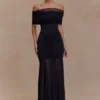 Caspian Slinky And Mesh Off Shoulder Maxi Dress – Black