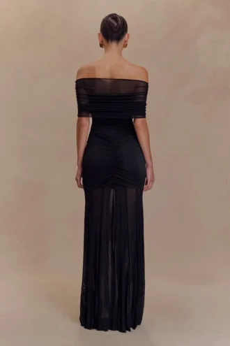Caspian Slinky And Mesh Off Shoulder Maxi Dress – Black