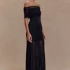 Caspian Slinky And Mesh Off Shoulder Maxi Dress – Black