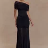 Caspian Slinky And Mesh Off Shoulder Maxi Dress – Black