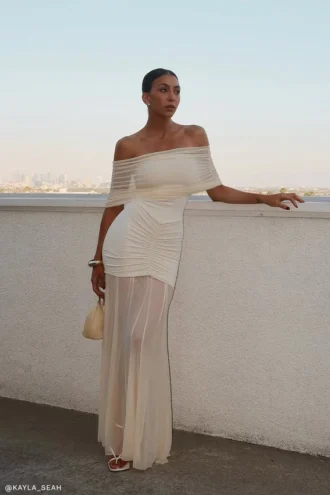 Caspian Slinky And Mesh Off Shoulder Maxi Dress – Ivory