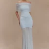 Caspian Slinky And Mesh Off Shoulder Maxi Dress – Pale Blue Caspian Slinky And Mesh Off Shoulder Maxi Dress – Pale Blue