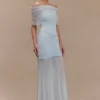 Caspian Slinky And Mesh Off Shoulder Maxi Dress – Pale Blue Caspian Slinky And Mesh Off Shoulder Maxi Dress – Pale Blue