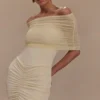 Caspian Slinky And Mesh Off Shoulder Mini Dress – Ivory Caspian Slinky And Mesh Off Shoulder Mini Dress – Ivory