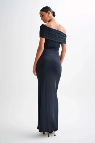 Cassandra Off Shoulder Slinky Maxi Dress – Black